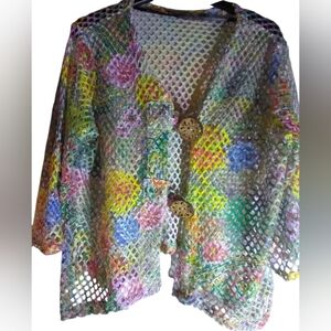 Nina Leonard Net Cut Out Layering Piece Cover Up Womens Top Size XL Wood Buttons